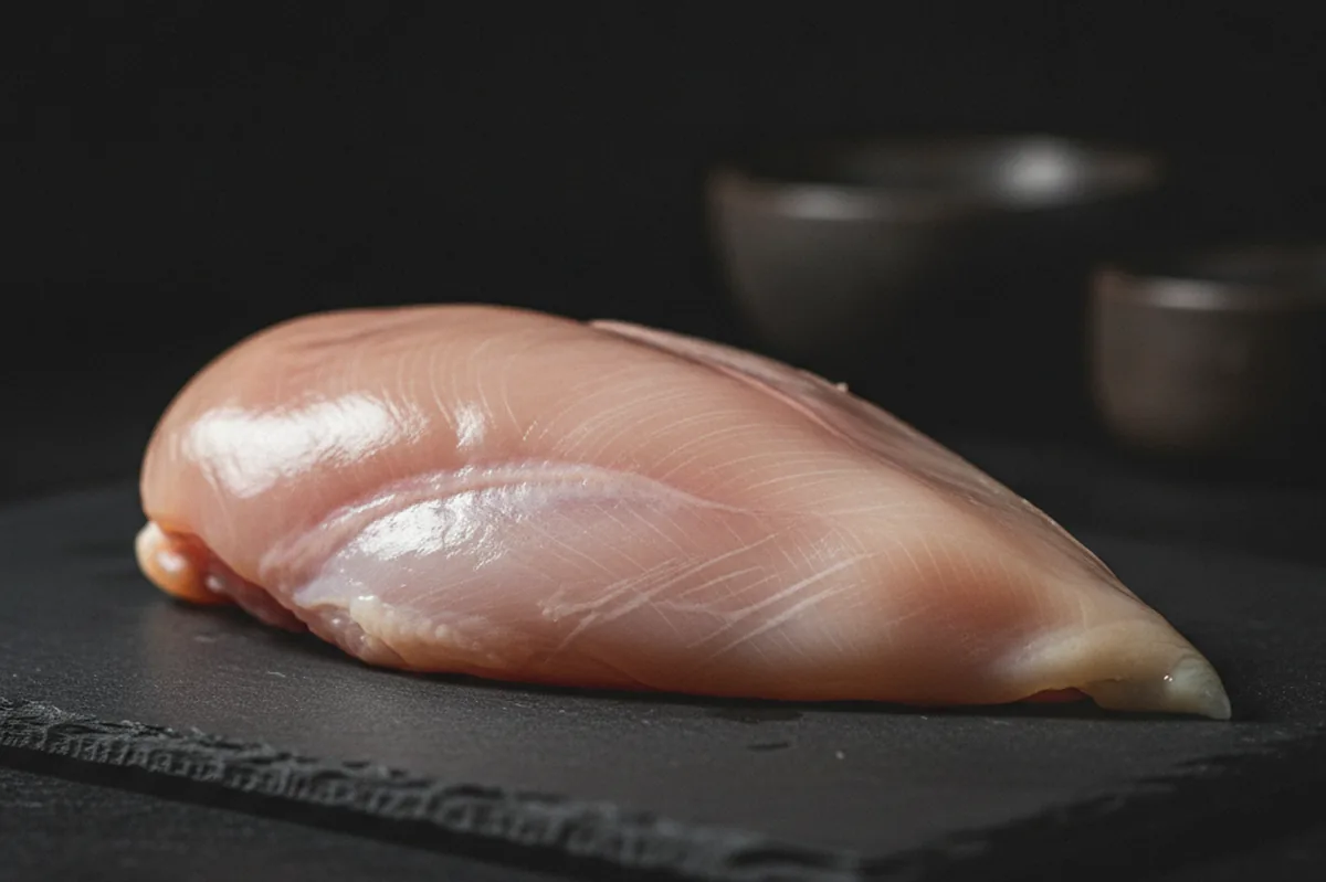 Raw American Bresse chicken breast showing fine intramuscular fat marbling