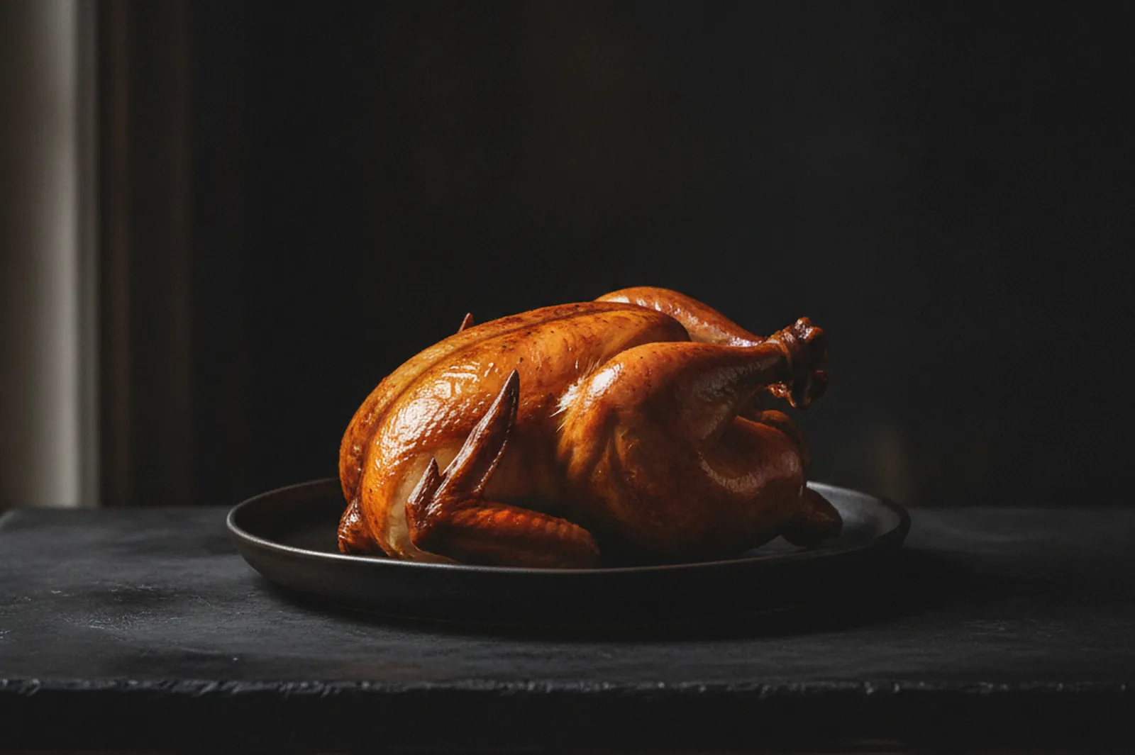 Whole roasted American Bresse chicken with bronzed skin on a dark plate